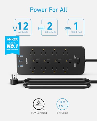 Anker 2100J Surge Protector Power Strip for iPhone 15 Series, 12 Outlets 1 USB C 2 USB Ports, 5ft Extension Cord, Flat P