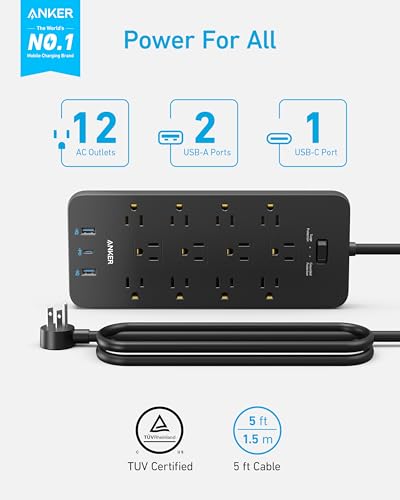 Anker Surge Protector Power Strip for iPhone 16 Series, 12 Outlets 1 USB-C/2 USB-A Ports, 20W USB-C Charging, Flat Plug,