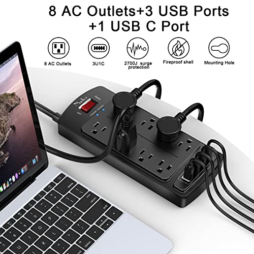 Nuetsa Surge Protector Power Strip - Flat Plug Extension Cord with 8 Outlets and 4 USB Ports, 6 Feet Power Cord (1625W/1
