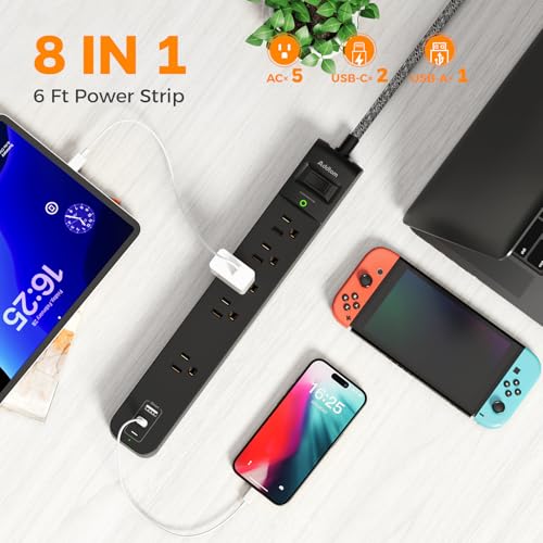 2 Pack Home Office Power Strip Surge Protector - 5 Widely Spaced Outlets 3 USB Charging Ports, 1875W/15A with 6Ft Braide